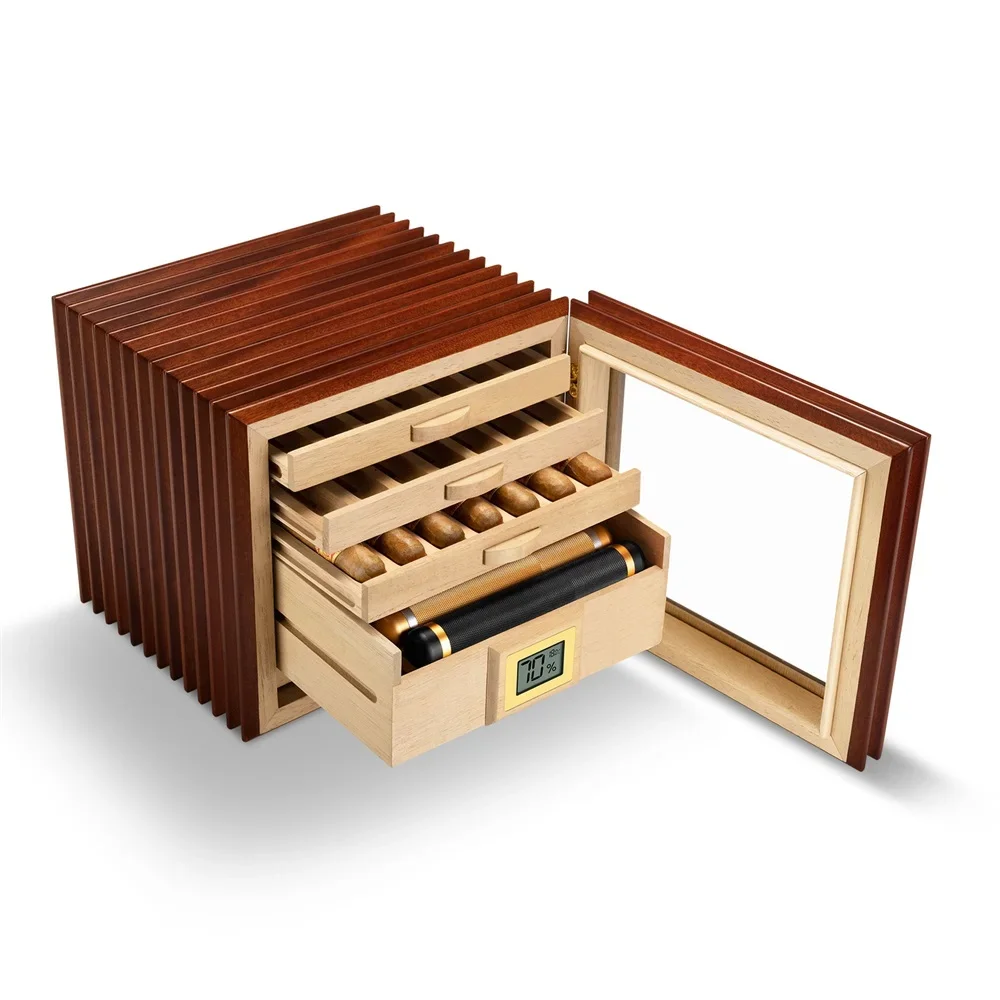 Large Capacity Cigar Humidor Cedar Wood Cigarette Case Holds 55/115 Cigars Multi-Drawer with Hygrometer Humidifier