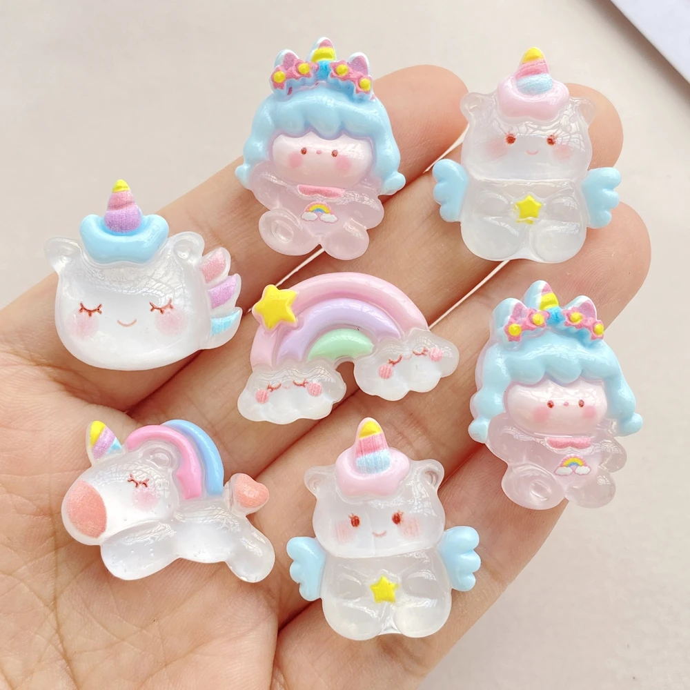 10 Stück neue süße Harz-Cartoon-Einhorn, Regenbogen-Serie, flache Rückseite, Scrapbooking, DIY-Schmuck, Handwerk, Dekoration, Zubehör