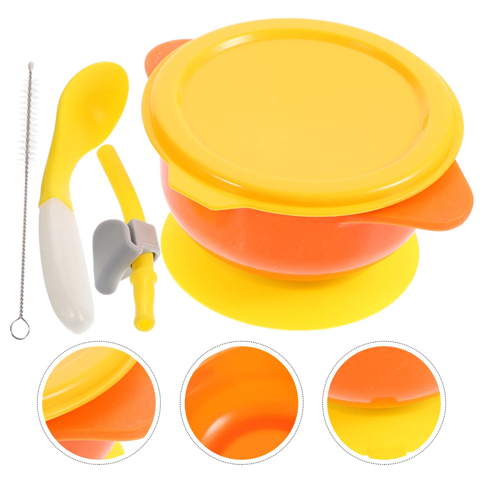 

1Set Baby Bowl Set with Suction Cup Lid Spoon Straw Cleaning Brush Anti-Scald Self Feeding Toddler Bowl Suction Bowls