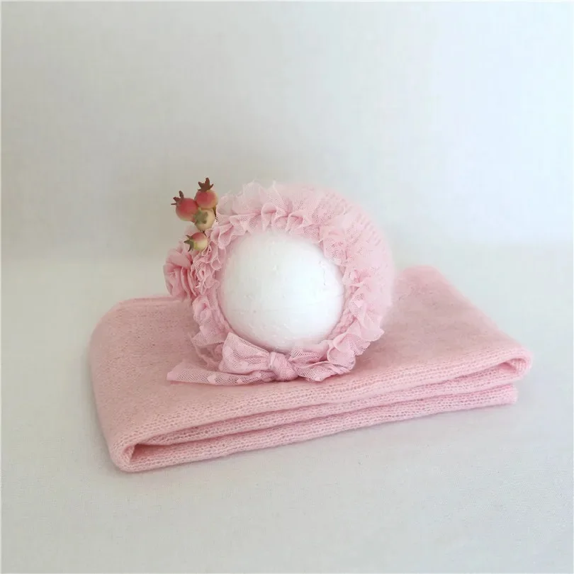 ชุดถ่ายภาพเด็กแรกเกิด 3 ชิ้น ผ้าถักไหมพรมยืดสไตล์วินเทจ ผ้าคลุมศีรษะลายดอกไม้ หมวกบอนเน็ต และที่คาดผม