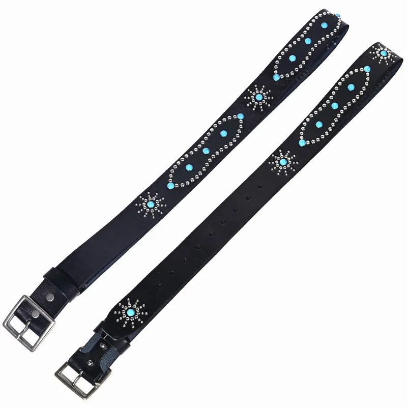 Men's Fashion 4.5cm Wide Genuine Leather Belt First Layer Cowhide Imitation Turquoise Inlay Rivet Punk Belt For Jeans