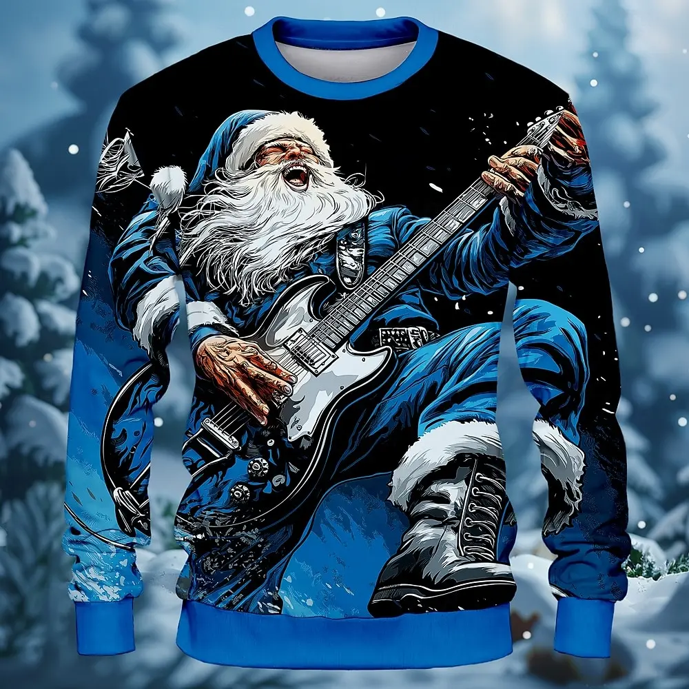 2025 Santa Claus Music Theme Men's Casual Outdoor Party Hoodie Round Neck Pullover Stylish Streetwear Long-Sleeve Top