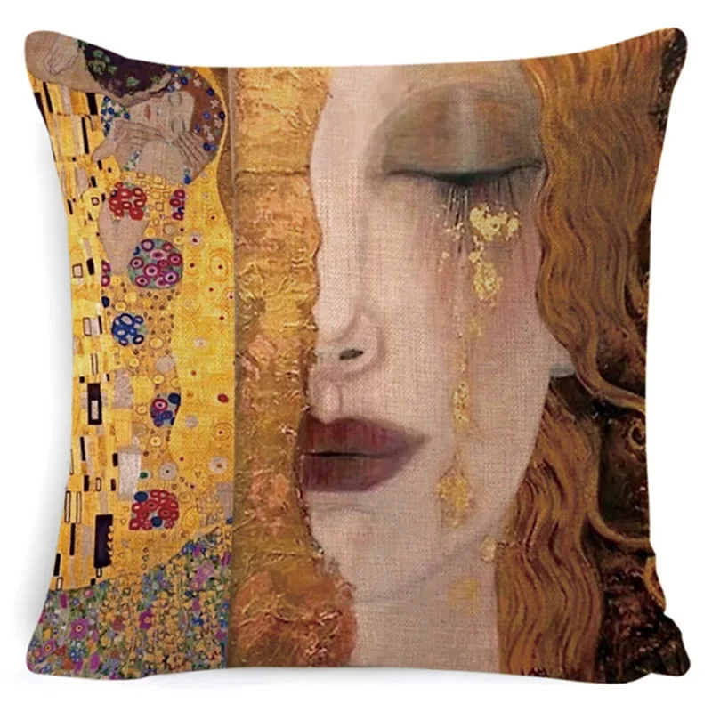 Gustav Klimt Oil Painting Pillow Cover Gold Pattern Cushion Cover Cotton Linen Decorative Throw Pillowcase For Home 45*45 CM