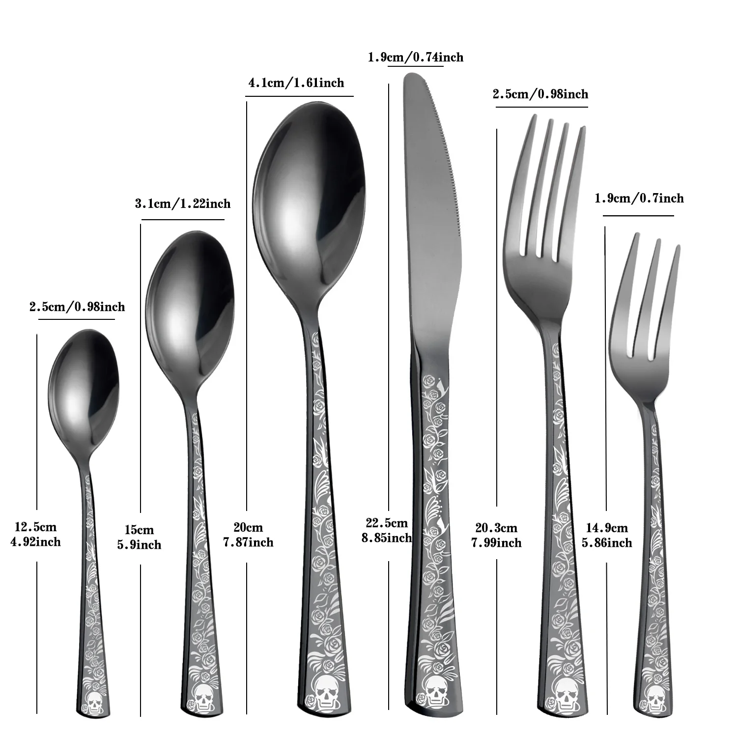 24/30/36pcs stainless steel tableware, black silverware knives, forks, spoons, skull and rose patterns, Halloween and Easter par