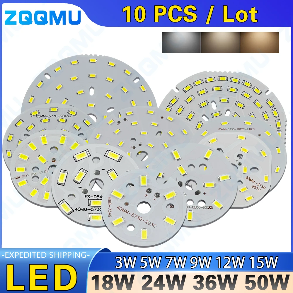 Painel de luz LED SMD para teto, substituição da lâmpada LED, 5730 Brilho, 3W, 5W, 7W, 9W, 18W, 36W, PCB, 10Pcs