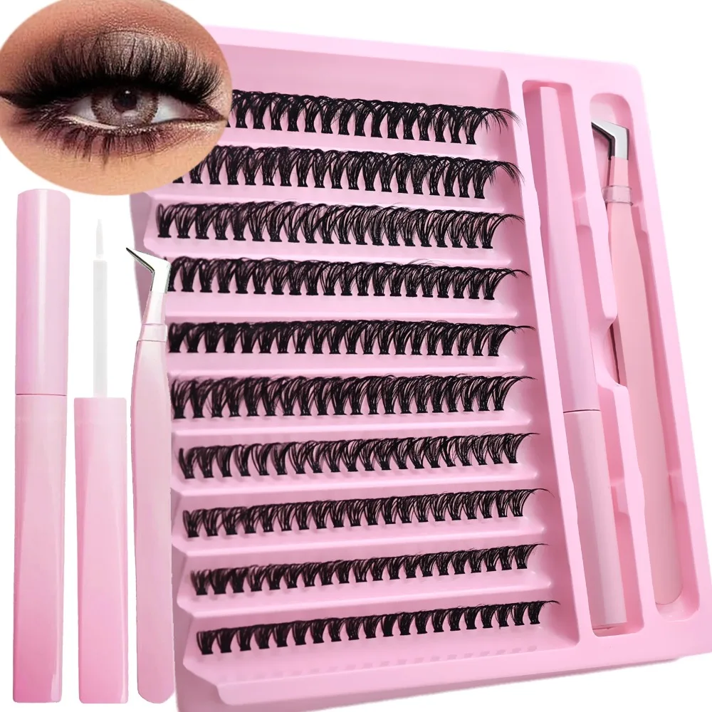 DIY Cluster Lash Extension Kit D Curl False Eyelashes with Adhesive Sealant & Tweezers Home Beauty