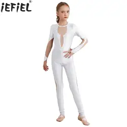 Child Girls Long Sleeve Sheer Mesh Figure Skating Jumpsuit Ballet Dance Gymnastics Acrobatics Yoga Leotard Performance Bodysuit