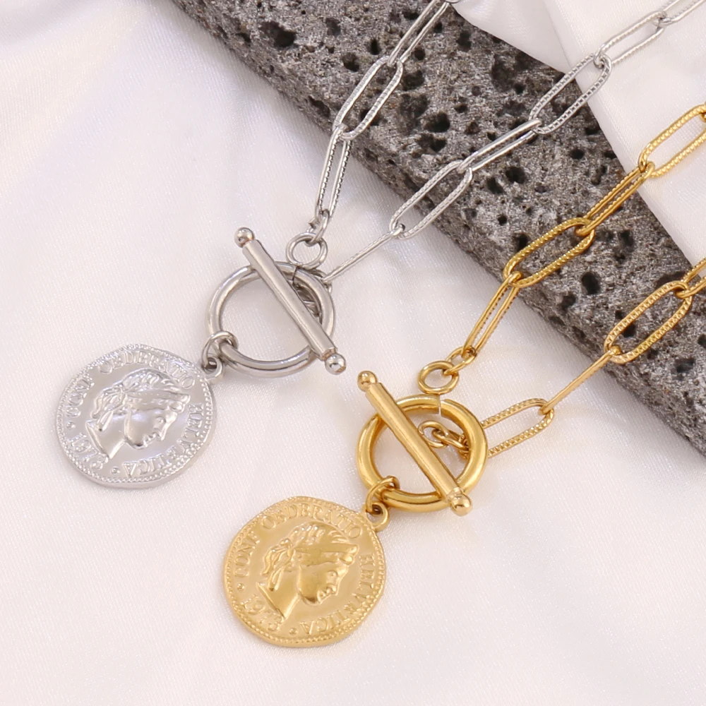 316L الفولاذ المقاوم للصدأ عملة قلادة قلادة للنساء فاسق الذهب اللون جولة سحر سلسلة القلائد مجوهرات