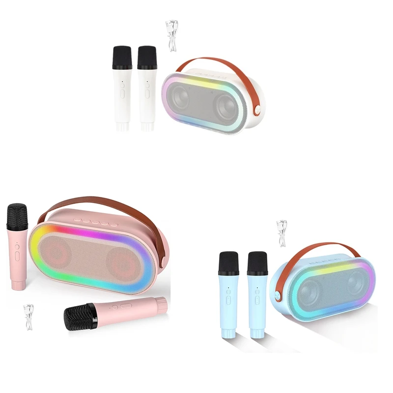 Mini máquina de karaoke, juego de altavoces Bluetooth portátiles con 2 micrófonos inalámbricos con luces LED (rosa) fácil de usar