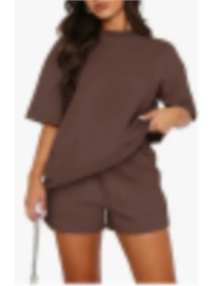 Casual Loose Set Lady Fashion Solid O Neck Short Sleeve Tops+Shorts Two Piece Sets For Women Summer Sports Womens Clothing New