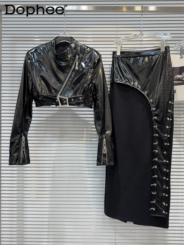 

Hot Girl Style Skirt Two-Piece Set 2024 Spring New Oblique Zipper Crocodile Leather PU Leather Jacket Iron Hoop Long Skirt Suit