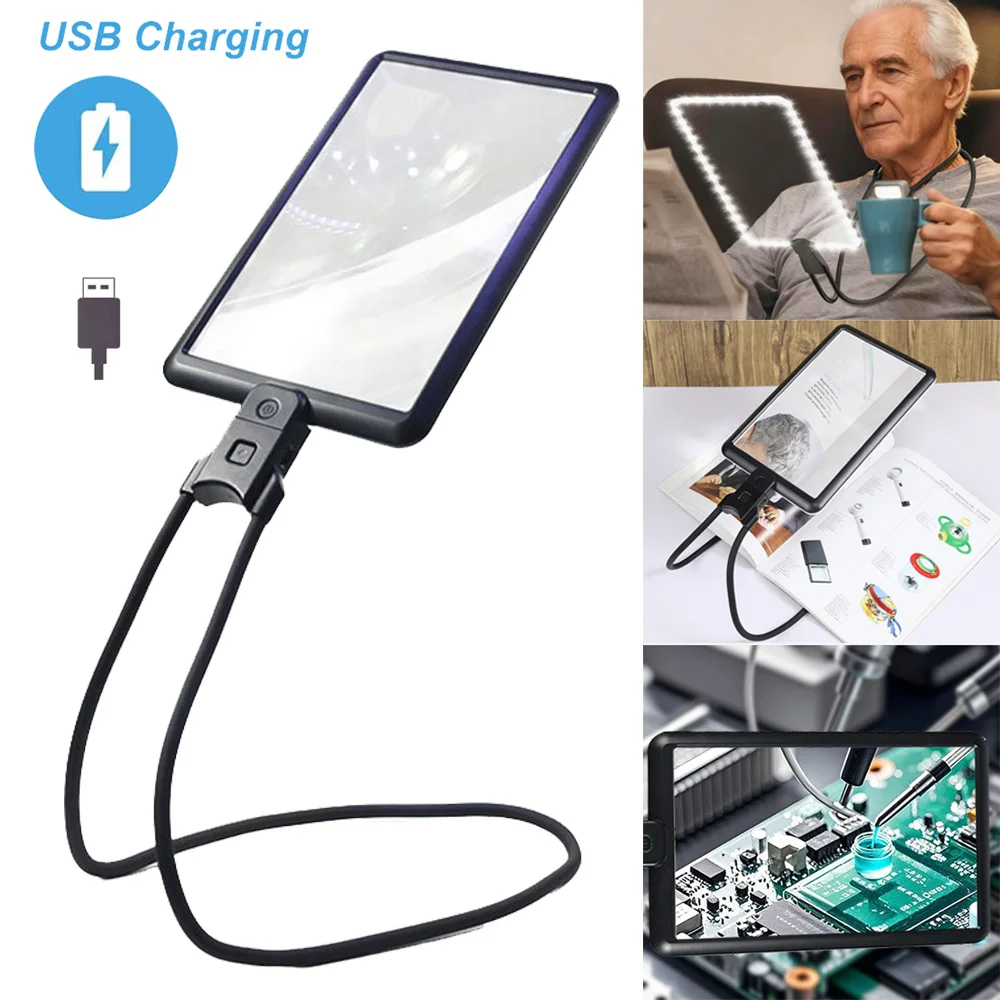 

Многофункциональная шейная лупа со светодиодной подсветкой Дополнительная USB-перезаряжаемая лупа для чтения Ремонт Настольная лампа