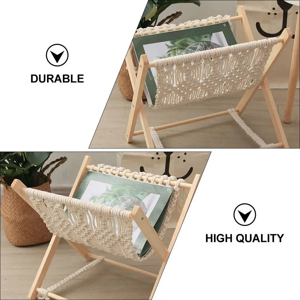 Woven Storage Rack Magazine Rack Hand-Woven Rustic Cotton Rope Wood Basket for Book Storage Sundries Organizer