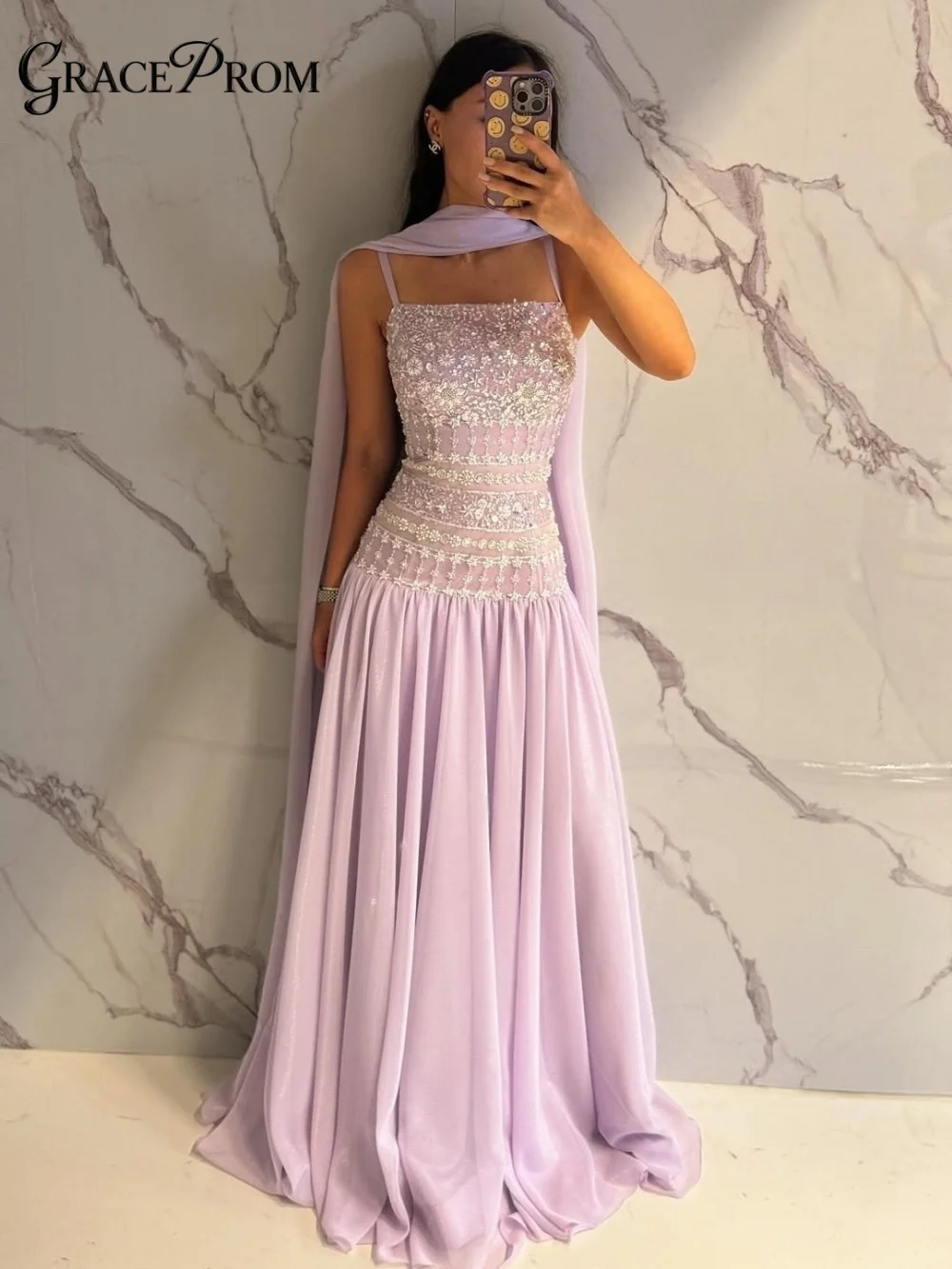 

Elegant Lavender A Line Long Dress Spaghetti Strap Square Shawl Bead Party Dress Evening Gown For Wedding Guests فساتين سهرة
