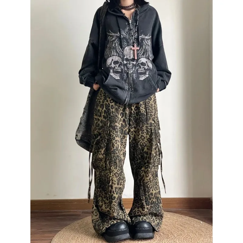 Deeptown Y2k Gothic Skull Print Zipper Women's Hoodie Harajuku Long Sleeve American Vintage Sweatshirts Loose Punk Streetwear