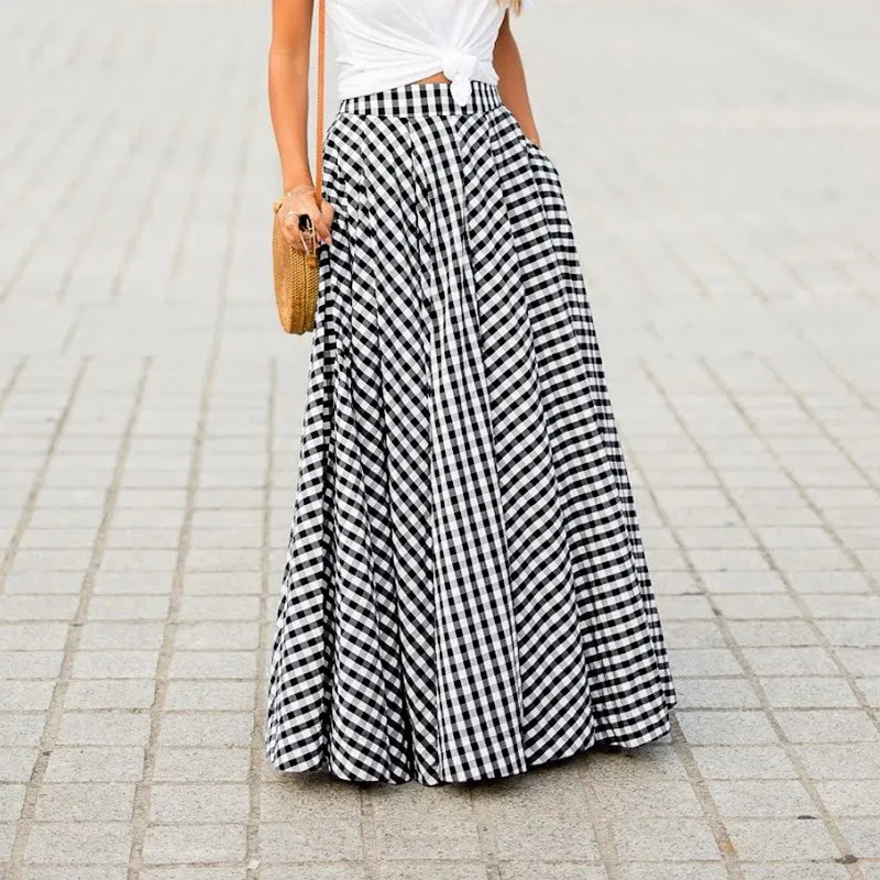 Spring Autumn Elegant Fashionable Style Plaid Medium-length High-waist Commuting Large Hem Skirt Women Skirt With Draped Feeling