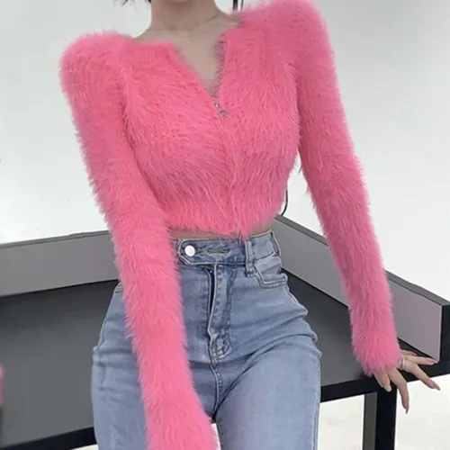 여성용 긴팔 V넥 단추 크롭 카디건 스웨터 코트 