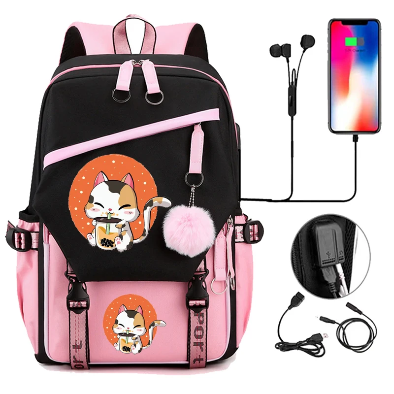 Kawaii Backpack Women 2024 Cat Boba Anime School Bags for Teenager Girls Bookbag Bubble Tea Lady Travel Backbag Shoulder Bags