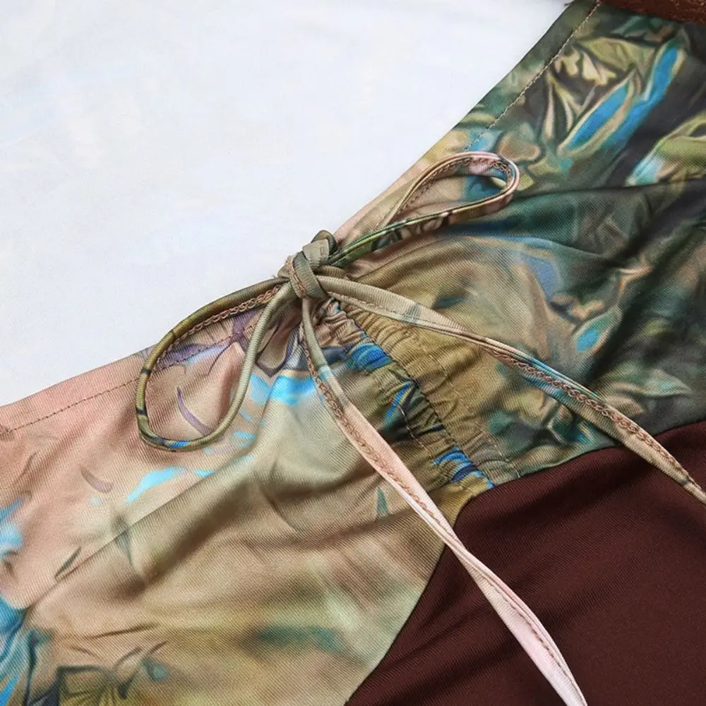 プリーツ透明フラワーTシャツ長袖レースアップVネックプリントコルセット韓国風スパイシーガールスリムクロップトップスレディース