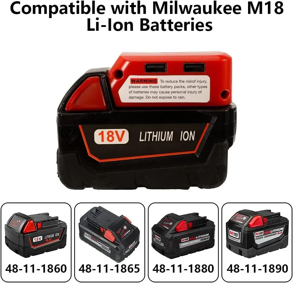 Battery Adapter for Milwaukee 18V Li-ion Battery Power Source with Dual USB 5V/2.1A 3W LED Work Light