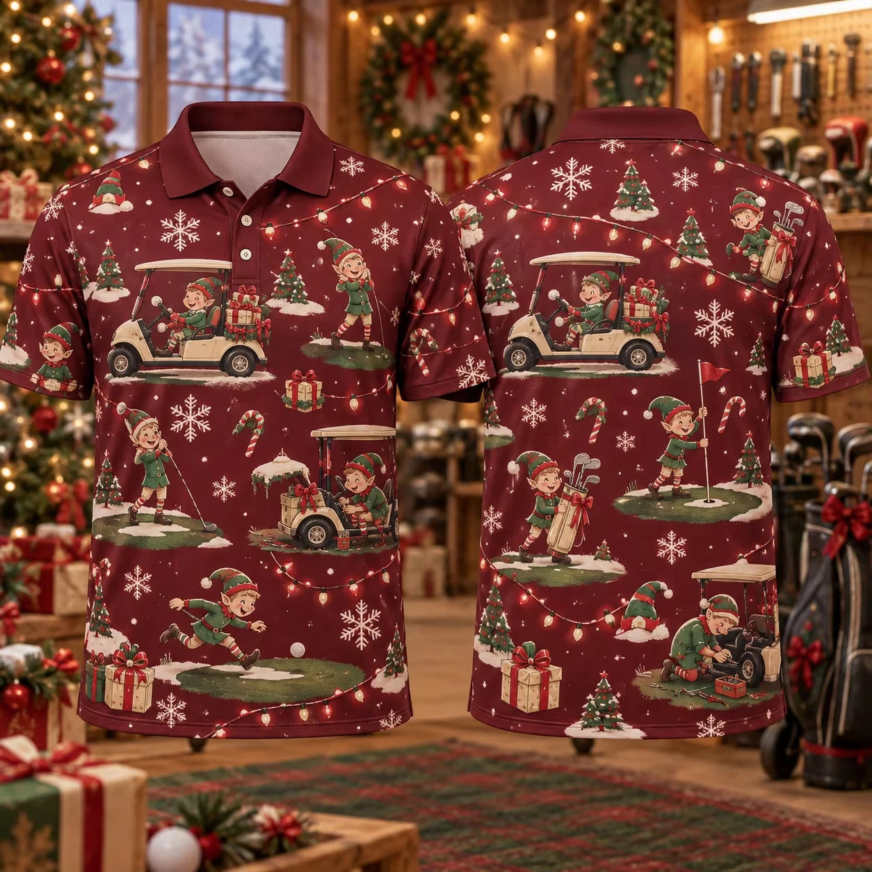 2026 New Men's Christmas Golf Polo Shirt Elf Golf Cart 3D All-Over Print Button-Down Collar Short-Sleeve Holiday Party Top