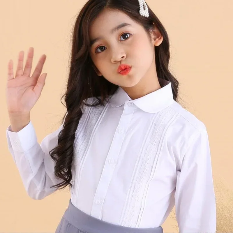 School Uniform Girls Long Sleeve Cotton Shirts Toddler Teenager Girl White Blouse Tops Kids Performance Shirt Children Clothes