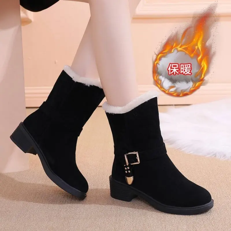 

Shoes Women's Leather Boots Simple Belt Buckle Mid Calf Boots Round Toe 2024 Casual Boots Women Botas De Mujer Winter Fashion 40