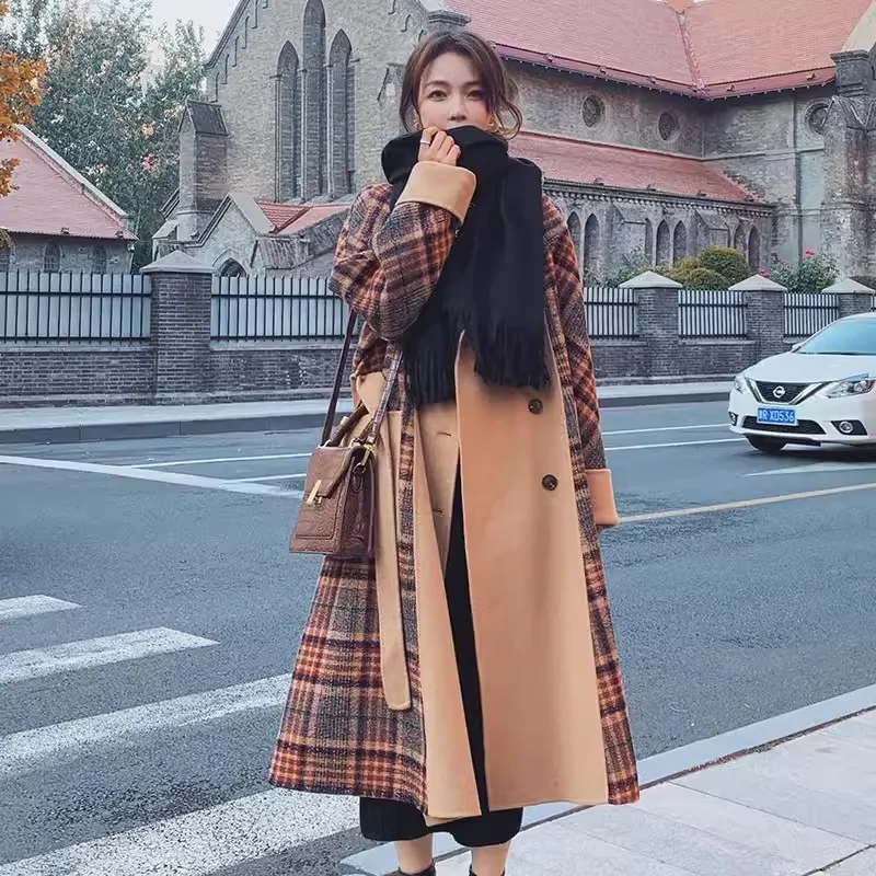 

Plaid Patchwork Woolen Jacket Women's Coat 2024 Winter New Korean Hepburn British style Woolen Coats Female Long Overcoat