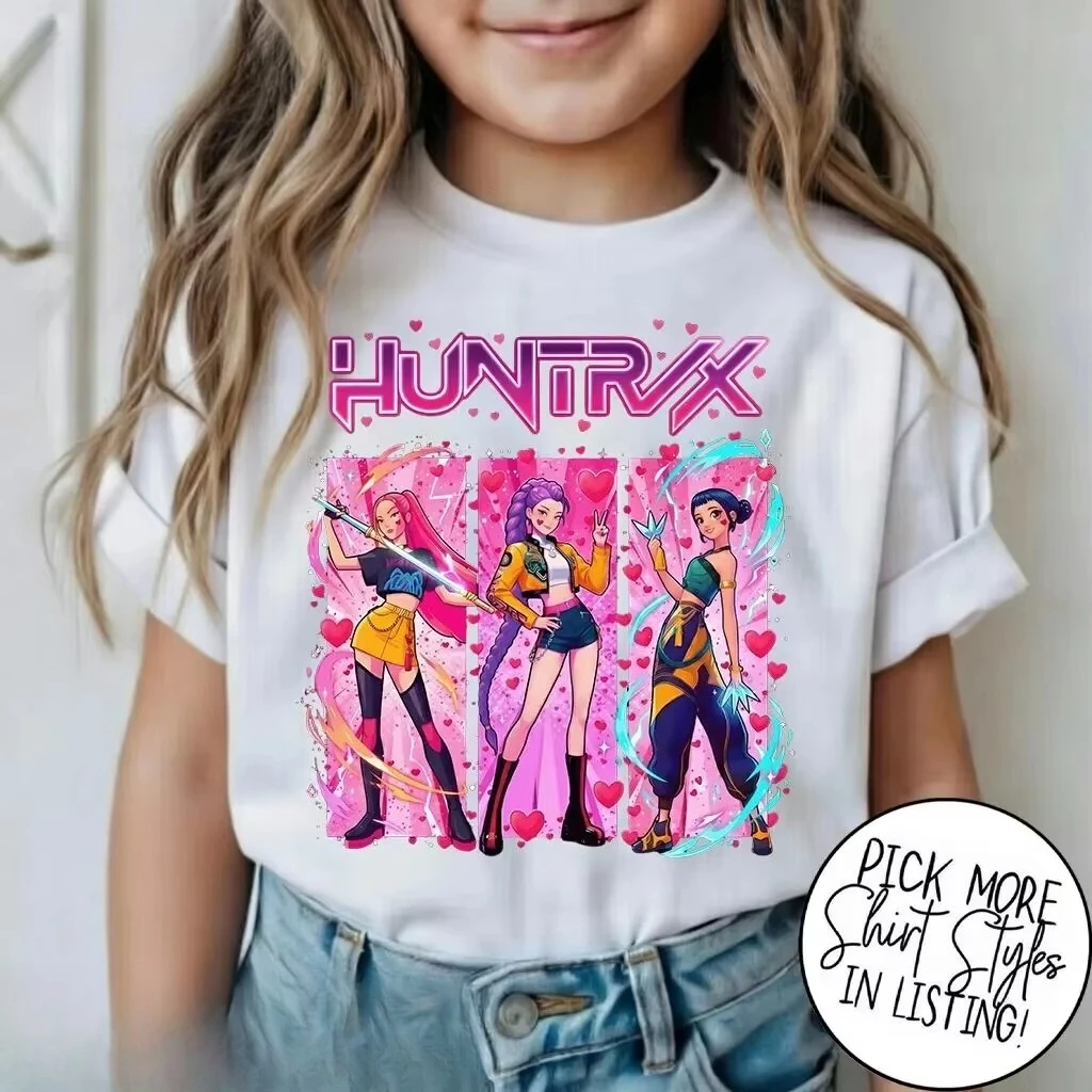 

Детская футболка с ретро-принтом HUNTRX, повседневный топ с короткими рукавами и аниме-принтом для детей, летняя повседневная одежда Y2k