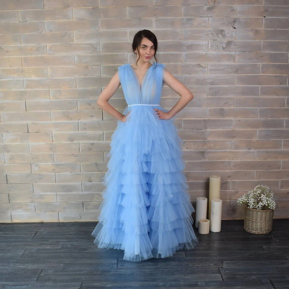 Jessica Light Blue Prom Dress Tulle Layering Evening Dresses Elegant Ladies V-neck Prom Dresses Party Dresses 2024Wedding Dress