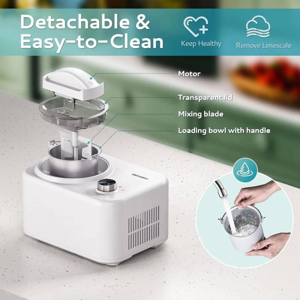 1.1 Quart Ice Cream Maker Machine with Built-in Compressor, Fully Automatic, No Pre-freezing, 2 Buttons Control, 1 Hour