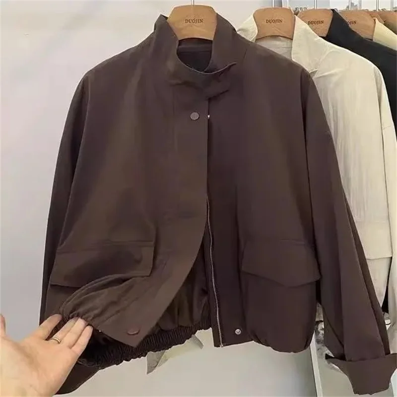 

Корейская короткая куртка с воротником-стойкой, женская свободная ветровка, пальто, весенне-осенняя куртка для отдыха, женская верхняя одежда, топ