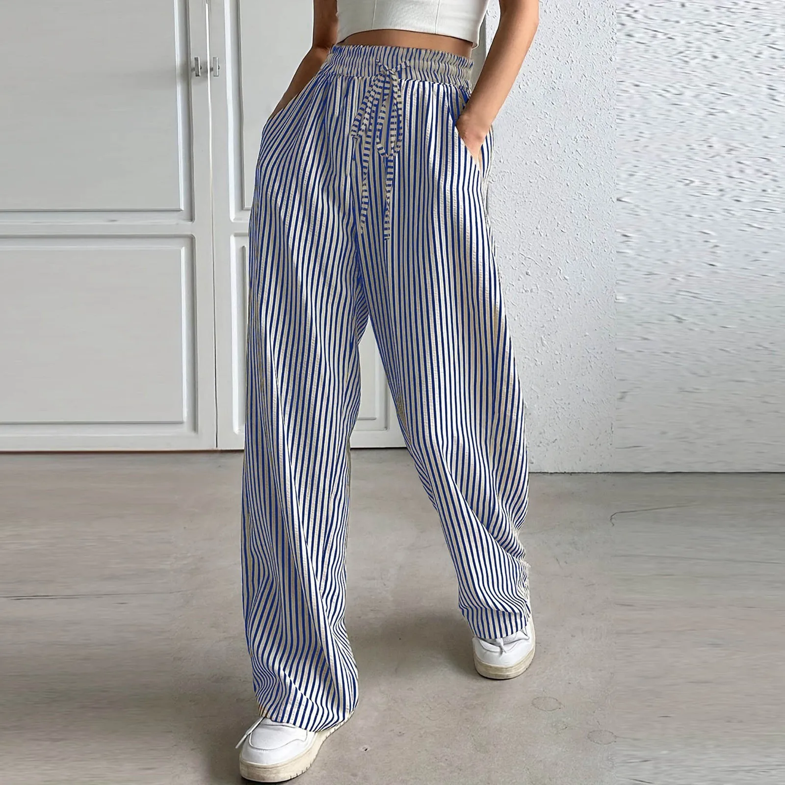 

Women's Striped Drawstring Wide Leg Pants Women's Fashion Simple Versatile Commuter High Waisted Comfortable Casual Trousers