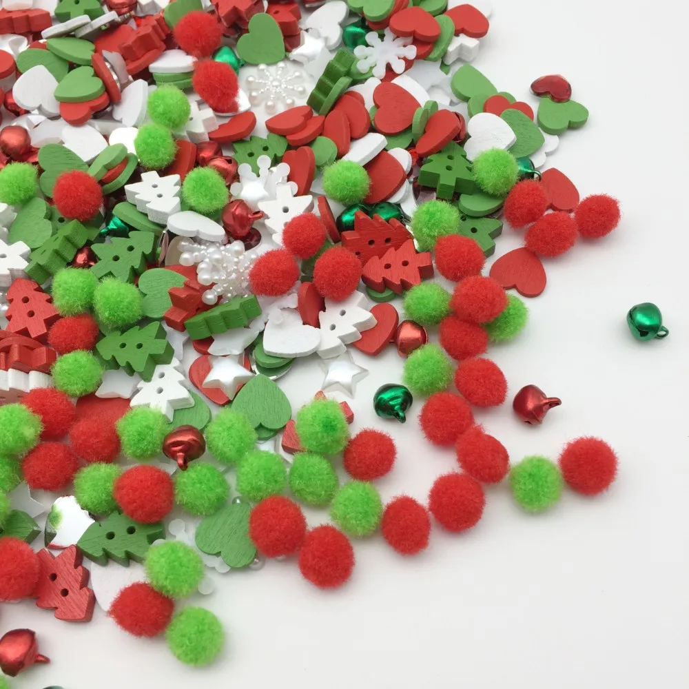 100pcs Christmas Bag of Pom Poms Wood Xmas Tree Buttons Jingle Bells Snowflake Star Pearls Scrapbook Embellishment DIY Crafts