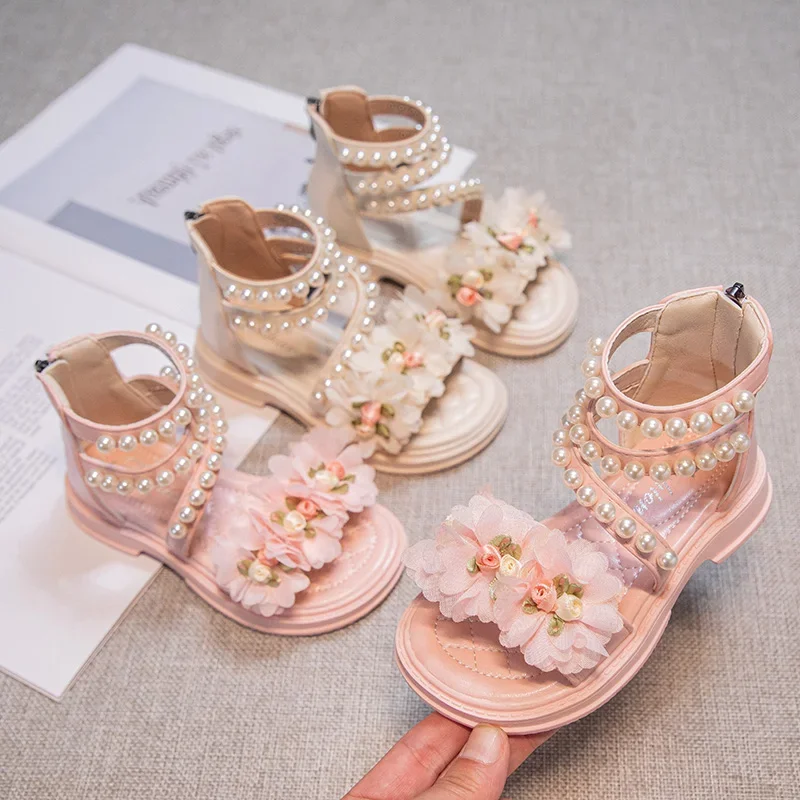 

Детские сандалии-гладиаторы для девочек, обувь принцессы с цветами, модная детская летняя пляжная обувь, однотонная однотонная обувь с милым жемчугом, размер 26-36