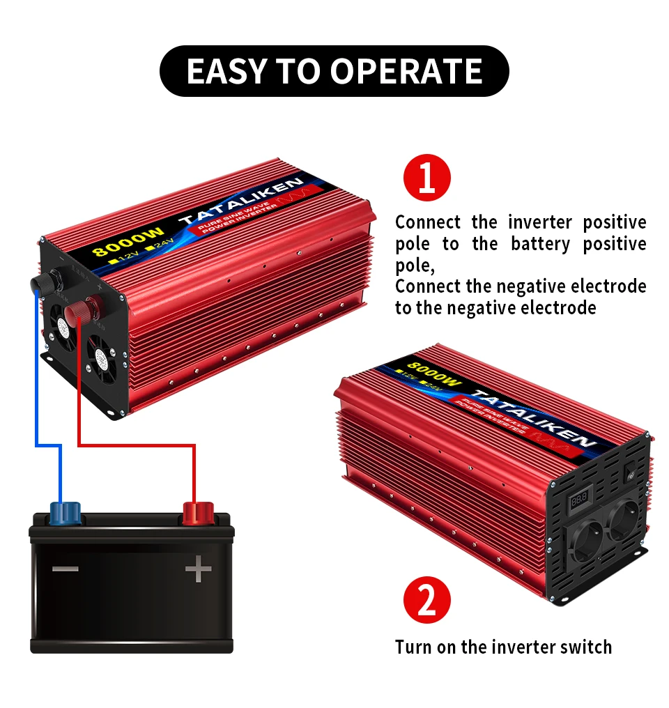 8000W/12000W Pure Sine Wave Inverter DC 12V/24V to AC 220V 50hz Power Inverter Charger Converter Adapter EU Socket