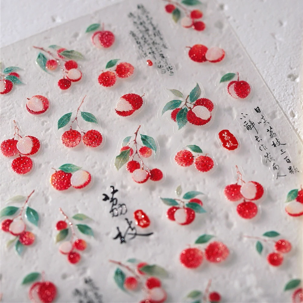 

Chinese Style Fresh Litchi Ancient Poetry 5D Embossed Nail Art Stickers Lychee Grape Cherry Peach Strawberry Manicure Decals