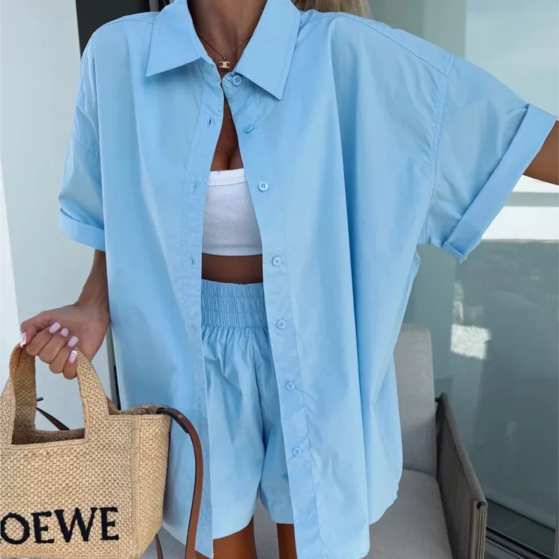 

2025 Spring Summer Casual Women's Two-Piece Set Solid Color Short-Sleeve Shirt & Elastic Waist Sports Shorts