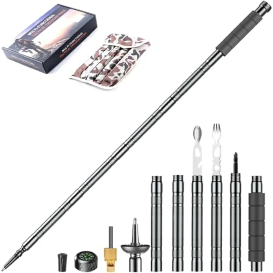 

Trekking Pole Tactical Walking Stick Multifunctional Lightweight Aircraft Aluminum Collapsible Survival Hiking Pole with Canvas