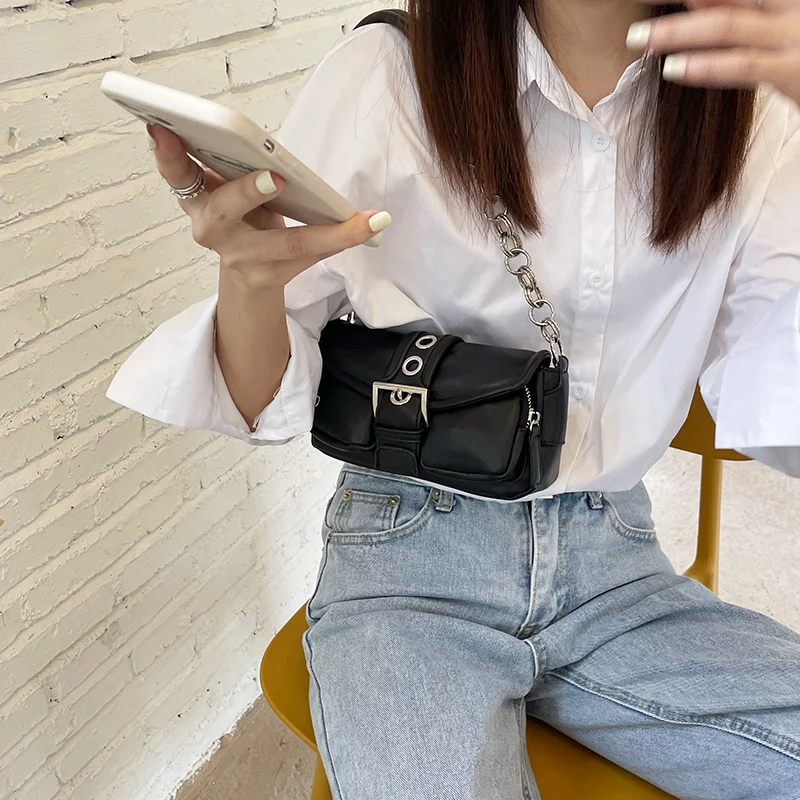 Retro Women\'s Chain Small Shoulder Bag Solid Color PU Leather Ladies Underarm Bags Fashion Female Armpit Bag Tote Purse Handbags