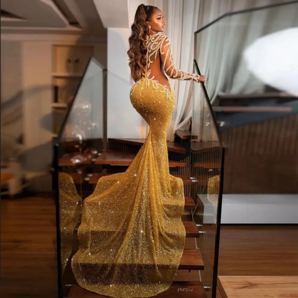 Vestidos de Noche dorados brillantes para mujer, apliques de encaje, Vestidos de graduación de princesa de sirena, fiesta Formal en la playa, Vestidos de celebridades de moda