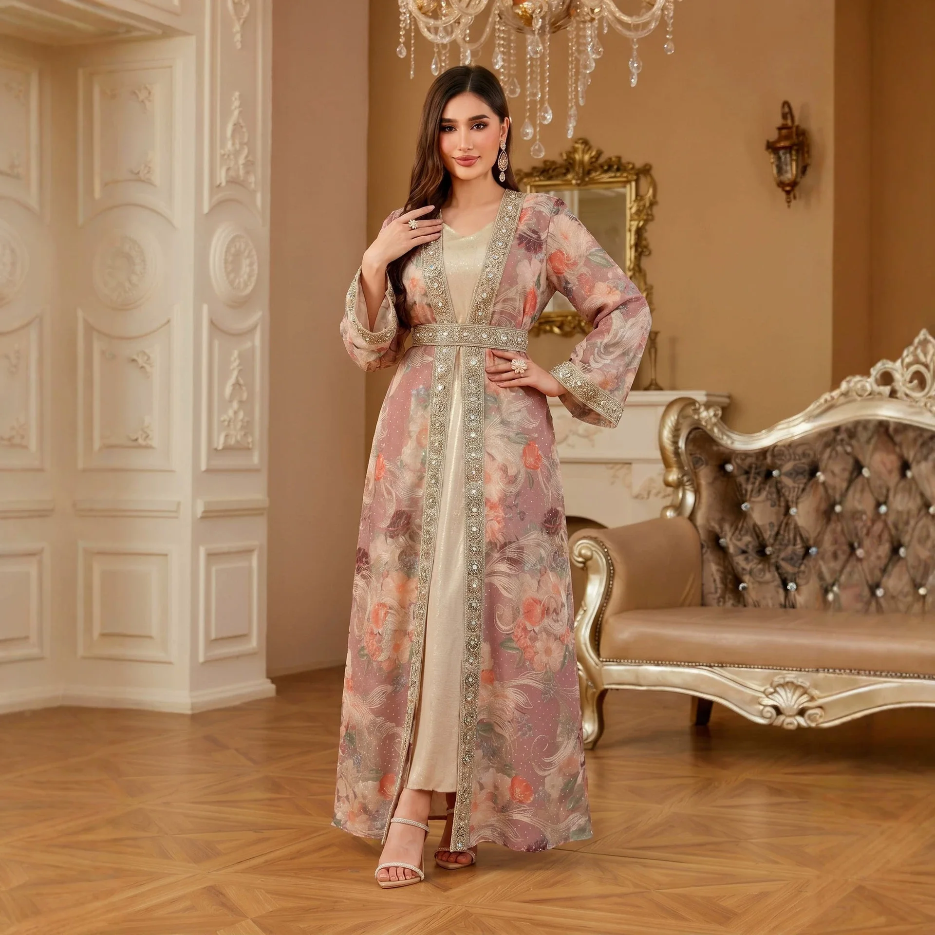 

New Women's Fashion Two-piece Set: Tulle Tank Top With Belt And Long Skirt With Gold-edged Embroidery Dubai Luxury Islam Elegant