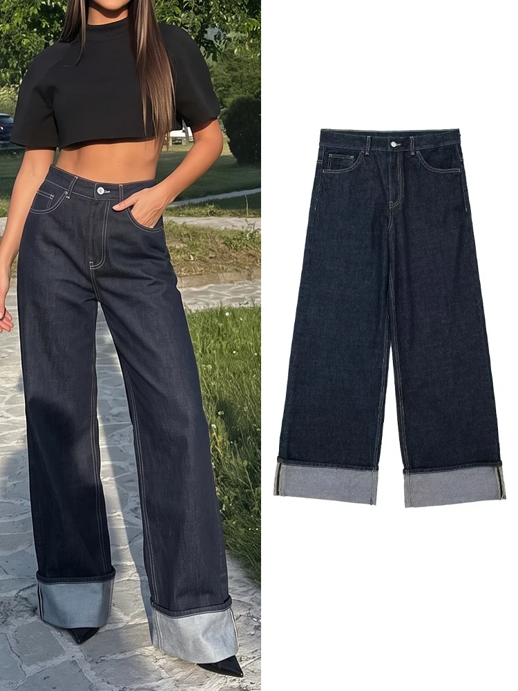 HH Damen Mode Dunkelblaue Jeans Lange Weite Hose mit Reißverschluss Doppelte Taschen 2026 Lässiges Street Vintage Outfit