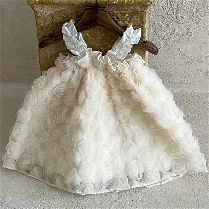 

Girls summer flower girl rose princess dress girl baby lace flower suspender dress