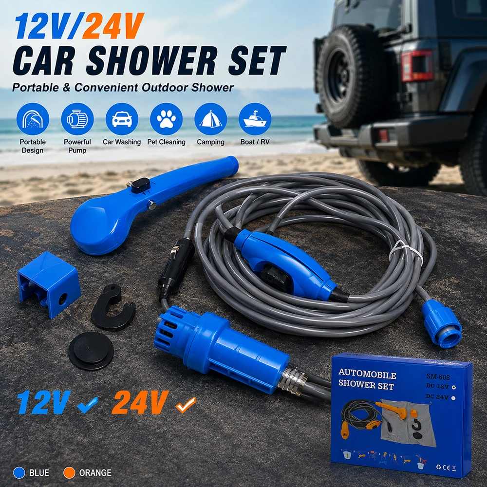 Portable 12V/24V Car Shower Pump Set for Outdoor Camping Travel RV Boat Pet Washing Emergency Use - Compact Shower Kit
