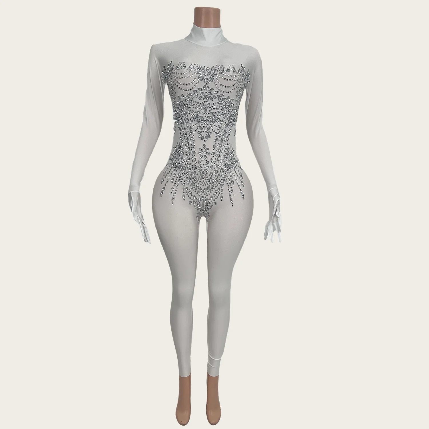 Zhubao Sparkly Rhinestones Spandex Tight Fitting Jumpsuit Women Sexy Dance Performance Costume Nightclub Party gig Stage Wear