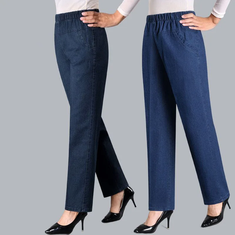 Middle-aged Women's Jeans Spring Autumn High Waist Solid Color Denim Pants Large Size Loose Female Straight Casual Cowboy Pants
