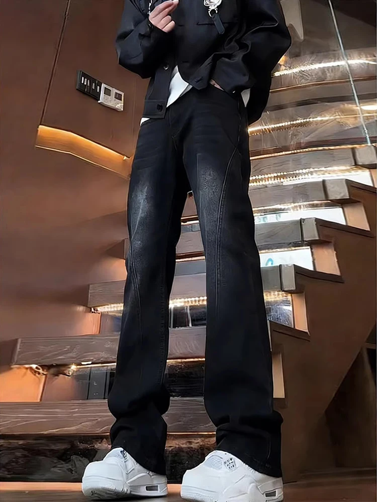 

Cleanfit Men's High Street American Vibe Waed Bla Slant Cut Flared Jeans mid Waist Straight Leg Trousers Casual Wear