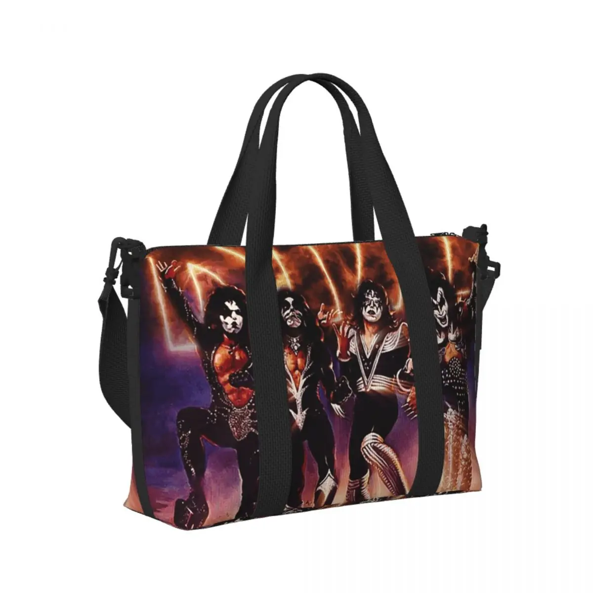 

KISS The Band - Destroyer Fire Log Beach Travel Bag Large Capacity Tote Bags for Gym Sport Women Shopping Duffle Shoulder Bag