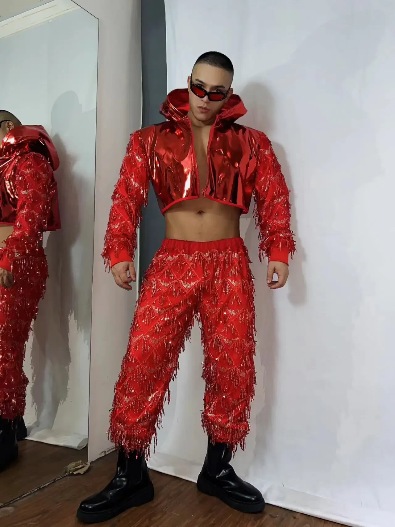 Pailletten Hip Hop Kleidung Nachtclub männliche Tänzerin Bühnen kostüm Silber Jacke Hosen Gogo Tanz kleidung Party Rave Outfit